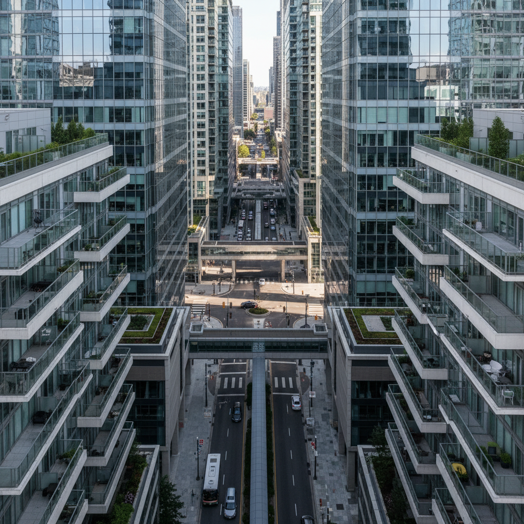A geometric city intersection is viewed from a slightly elevated vantage point, emphasizing clean lines of glass-clad office towers, concrete sidewalks, and repeating balcony patterns. Sunlight reflects off mirrored windows, creating luminous streaks and subtle reflections of surrounding buildings, while planted rooftop terraces and tiny distant vehicles add scale without drawing focus. The architectural forms dominate the frame with a strong sense of symmetry and leading lines pulling the viewer inward. Captured in crisp photographic realism with balanced exposure and high contrast, the mood is dynamic yet controlled, ideal for an architecture portfolio section that highlights an eye for structure and urban detail.