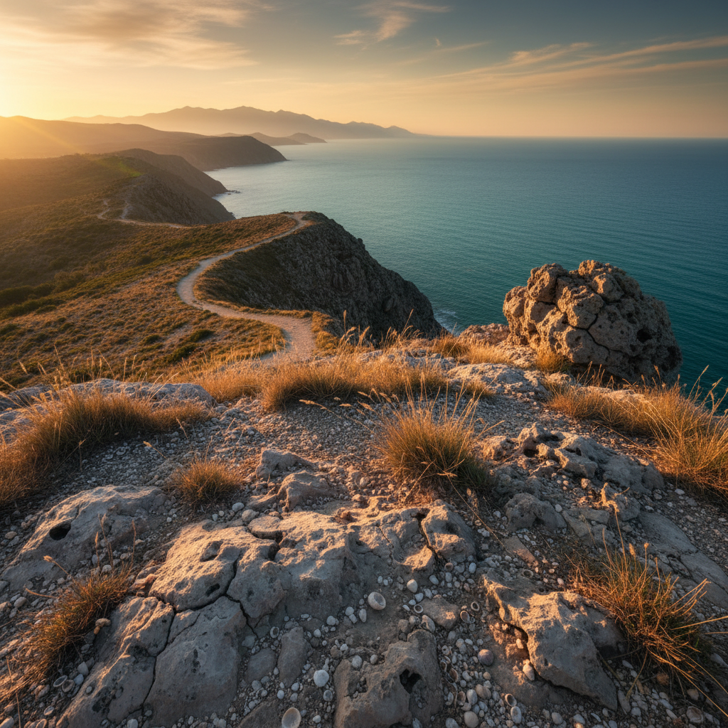 A stunning coastal overlook is captured from a rugged cliff edge, the rocky foreground sharply detailed with tiny shells, weathered textures, and sparse grasses leading the eye toward a vast turquoise ocean and distant hazy mountains. A narrow, winding path traces along the cliff, disappearing into the distance. Late afternoon golden light washes the scene, illuminating the rock faces and creating long, dramatic shadows while the sky glows in soft gradients of amber and blue. Photographed from a low angle with a wide lens, using the rule of thirds and deep depth of field, the image feels expansive, cinematic, and perfect for a travel and landscape gallery hero.