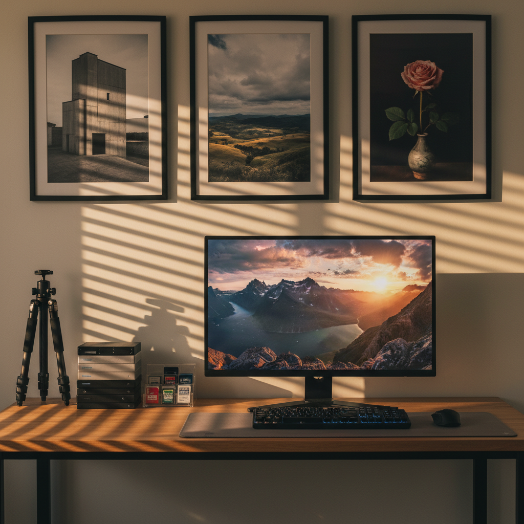A meticulously arranged photography workstation shows a calibrated monitor displaying a breathtaking mountain sunrise, surrounded by neatly stacked external drives, memory cards, and a compact tripod leaning against the desk. On the wall above, three large prints—architecture, sweeping landscape, and intimate still life—are mounted in clean black frames, subtly hinting at distinct portfolio categories. Golden hour light filters through unseen blinds, casting soft, linear shadows across the desk and keyboard. Captured from a slightly elevated angle with crisp focus throughout, the photographic, modern aesthetic feels precise yet inviting, conveying a professional photographer dedicated to fine detail and well-organized galleries.