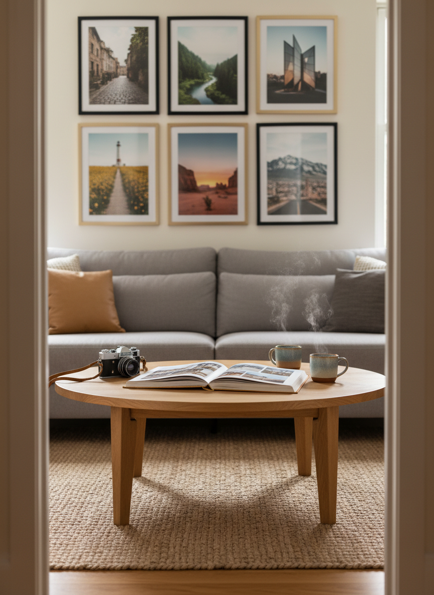 A cozy, modern living room interior seen from a doorway reveals a low oak coffee table topped with an open photo album, a camera set down mid-use, and a pair of ceramic mugs emitting faint steam. On the wall behind the soft gray sofa, a curated grid of framed travel, nature, and architectural images creates a lifestyle gallery feel without showing any people. Soft overcast daylight diffuses through an unseen window, giving the room a gentle, homely glow and mild shadows. Shot at eye level with a moderate depth of field, the photographic, warm atmosphere subtly suggests intimate, candid storytelling and lifestyle photography without explicit human subjects.