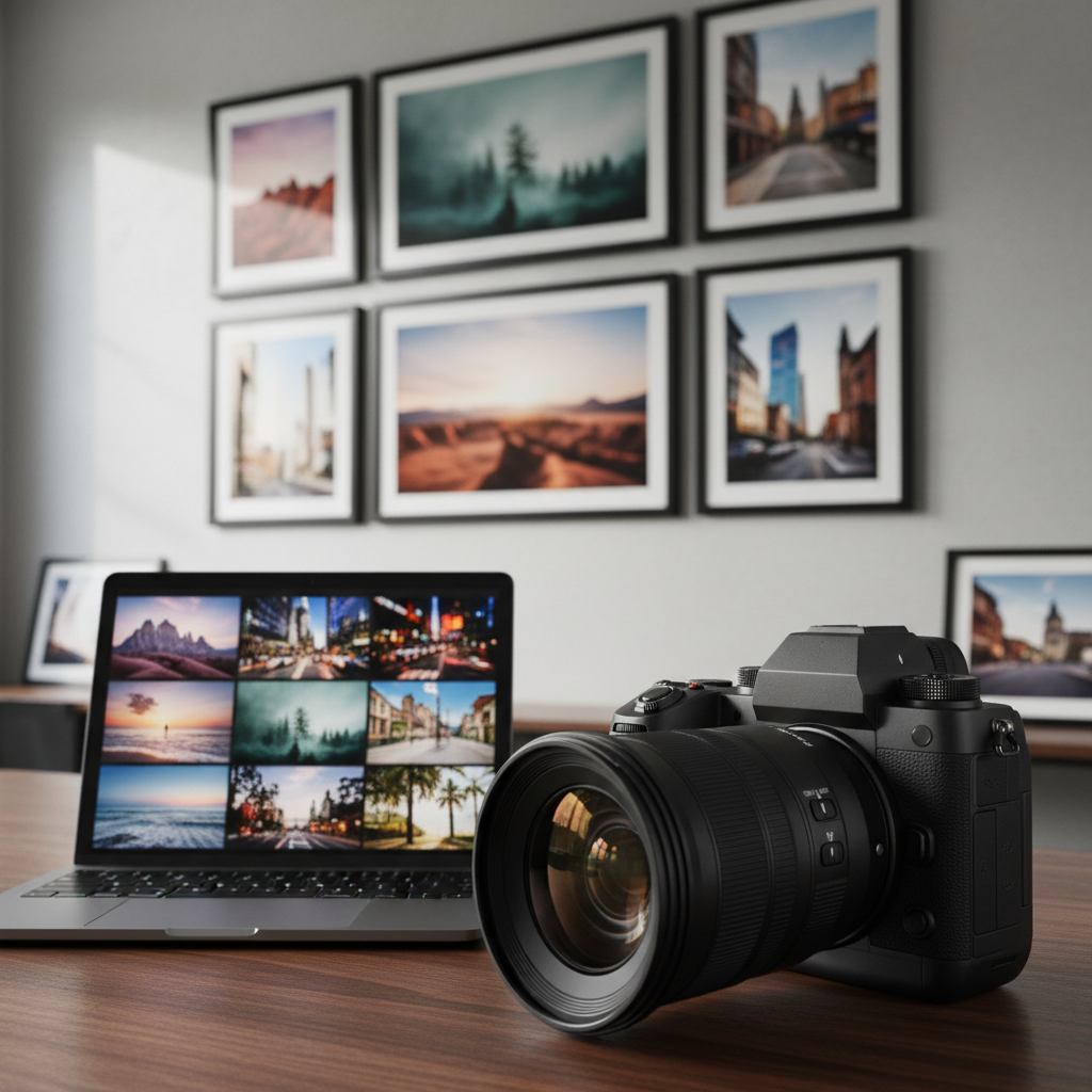 A high-end mirrorless camera with a weather-sealed matte black body and a large, detailed zoom lens rests on a smooth dark walnut desk beside a sleek laptop displaying a grid of vibrant thumbnails. Behind the gear, large framed landscape and cityscape photographs hang in a clean, gallery-style arrangement on a neutral wall. Soft window light from the left creates gentle highlights along the camera’s contours and subtle reflections in the lens glass, with a faint bokeh of additional prints receding into the background. Shot at eye level with a shallow depth of field and photographic realism, the scene feels professional, calm, and meticulously organized, perfectly introducing a serious photography portfolio.